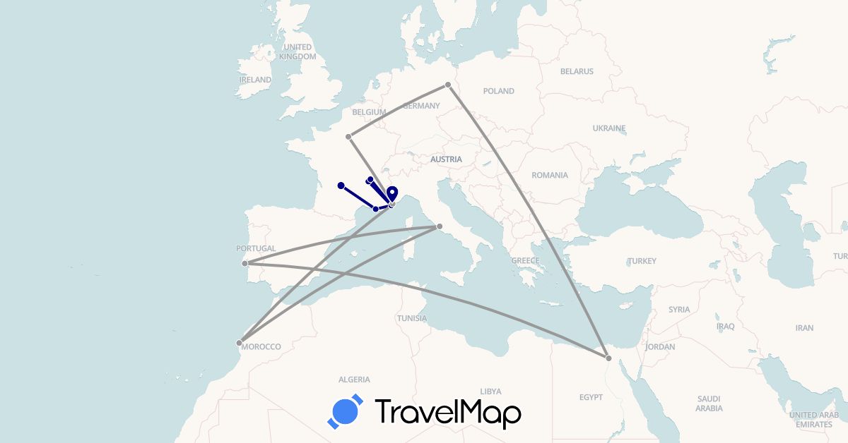TravelMap itinerary: driving, plane in Germany, Egypt, France, Italy, Morocco, Portugal (Africa, Europe)